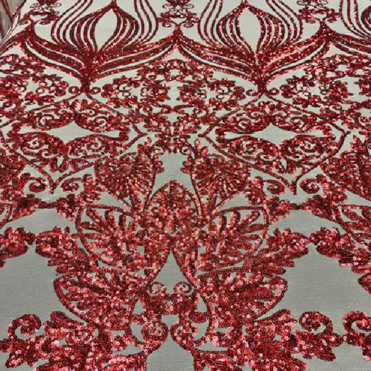 1 Yard Nude Red Damask Lace Fabric Iridescent Mesh Embroidery Bridal & Evening Wear 48–50" Wide